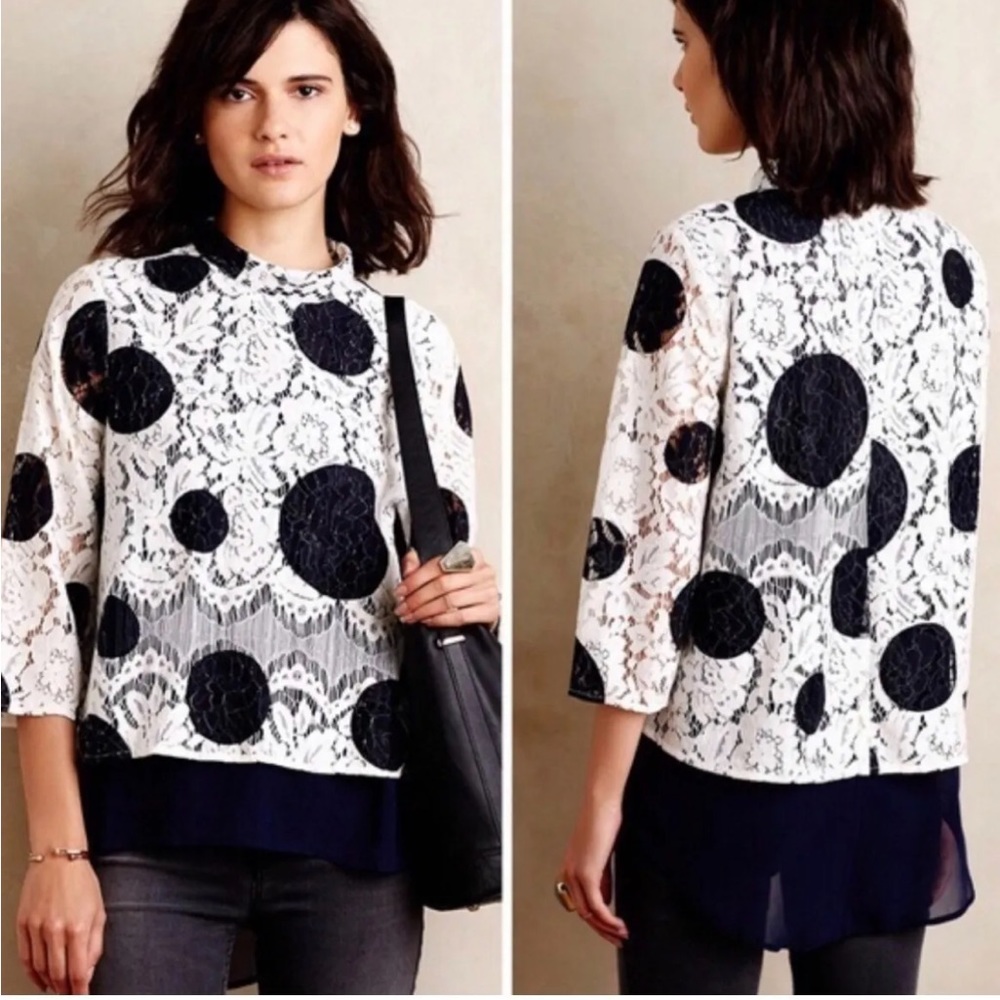 HD in Paris (Anthropologie) white and blue lace light weight blouse; size 2